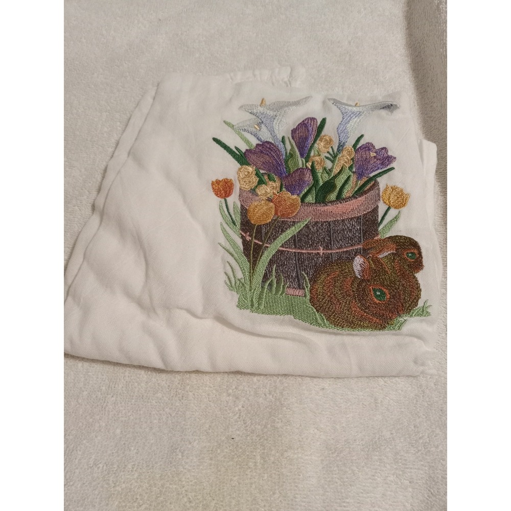 Embroidered Easter Spring Kitchen Towel Bunnies Floral Basket Decor